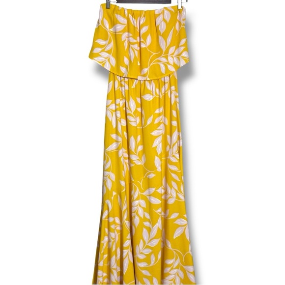 Tyche Bright Yellow with White Leaf Pattern Cinched Waist Strapless Maxi Dress - Picture 15 of 16